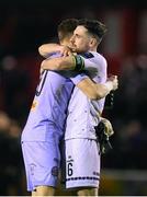 12 April 2024; Bohemians' Jordan Flores, right, and Kacper Chorazka celebrates after the SSE Airtricity Men's Premier Division match between Shelbourne and Bohemians at Tolka Park in Dublin. Photo by Stephen McCarthy/Sportsfile