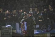 12 April 2024; Drogheda United manager Kevin Doherty, right, and Frantz Pierrot of Drogheda United after the SSE Airtricity Men's Premier Division match between Drogheda United and Derry City at Weavers Park in Drogheda, Louth. Photo by Ramsey Cardy/Sportsfile
