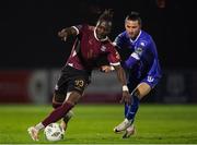 12 April 2024; Jeanno Esua of Galway United in action against Connor Parsons of Waterford during the SSE Airtricity Men's Premier Division match between Waterford and Galway United at Regional Sports Centre in Waterford. Photo by Michael P Ryan/Sportsfile
