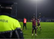 12 April 2024; Jeanno Esua of Galway United applauds the supporters after the SSE Airtricity Men's Premier Division match between Waterford and Galway United at Regional Sports Centre in Waterford. Photo by Michael P Ryan/Sportsfile