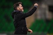 12 April 2024; Shamrock Rovers manager Stephen Bradley celebrates after his side's victory in the SSE Airtricity Men's Premier Division match between Shamrock Rovers and Sligo Rovers at Tallaght Stadium in Dublin. Photo by Seb Daly/Sportsfile
