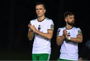 12 April 2024; Charlie Lyons, left, and Greg Bolger of Cork City acknowledge supporters after their side's draw in the SSE Airtricity Men's First Division match between UCD and Cork City at UCD Bowl in Belfield, Dublin. Photo by Shauna Clinton/Sportsfile