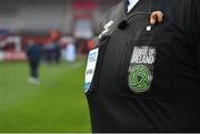 12 April 2024; A detailed view of the referee's jersey wron by referee Paul McLaughlin before the SSE Airtricity Men's Premier Division match between Shelbourne and Bohemians at Tolka Park in Dublin. Photo by Stephen McCarthy/Sportsfile
