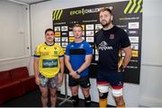 13 April 2024; Clermont captain Baptiste Jauneau and Ulster captain Iain Henderson with referee Christophe Ridley at the coin toss before the EPCR Challenge Cup quarter-final match between Clermont Auvergne and Ulster at Stade Marcel Michelin in Clermont, France. Photo by John Dickson/Sportsfile