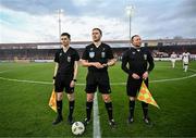 12 April 2024; Referee Paul McLaughlin, centre, with assistant referee Shane O'Brien, left, and assistant referee Brian Fenlon, right, before the SSE Airtricity Men's Premier Division match between Shelbourne and Bohemians at Tolka Park in Dublin. Photo by Stephen McCarthy/Sportsfile