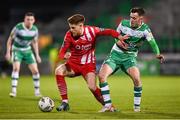 12 April 2024; Connor Malley of Sligo Rovers in action against Darragh Burns of Shamrock Rovers during the SSE Airtricity Men's Premier Division match between Shamrock Rovers and Sligo Rovers at Tallaght Stadium in Dublin. Photo by Seb Daly/Sportsfile