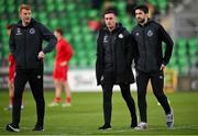 12 April 2024; Shamrock Rovers players, from left, Rory Gaffney, Aaron McEneff and Neil Farrugia before the SSE Airtricity Men's Premier Division match between Shamrock Rovers and Sligo Rovers at Tallaght Stadium in Dublin. Photo by Seb Daly/Sportsfile