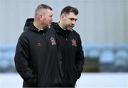 12 April 2024; Dundalk coach Brian Gartland, right, and Dundalk interim head coach Liam Burns before the SSE Airtricity Men's Premier Division match between Dundalk and St Patrick's Athletic at Oriel Park in Dundalk, Louth. Photo by Piaras Ó Mídheach/Sportsfile