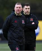 12 April 2024; Dundalk coach Brian Gartland, right, and Dundalk interim head coach Liam Burns before the SSE Airtricity Men's Premier Division match between Dundalk and St Patrick's Athletic at Oriel Park in Dundalk, Louth. Photo by Piaras Ó Mídheach/Sportsfile