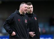 12 April 2024; Dundalk coach Brian Gartland, right, and Dundalk interim head coach Liam Burns before the SSE Airtricity Men's Premier Division match between Dundalk and St Patrick's Athletic at Oriel Park in Dundalk, Louth. Photo by Piaras Ó Mídheach/Sportsfile