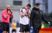 12 April 2024; Zak Johnson of Dundalk leaves the pitch to receive medical attention for an injury during the SSE Airtricity Men's Premier Division match between Dundalk and St Patrick's Athletic at Oriel Park in Dundalk, Louth. Photo by Piaras Ó Mídheach/Sportsfile