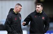 12 April 2024; Dundalk coach Brian Gartland, right, and Dundalk interim head coach Liam Burns before the SSE Airtricity Men's Premier Division match between Dundalk and St Patrick's Athletic at Oriel Park in Dundalk, Louth. Photo by Piaras Ó Mídheach/Sportsfile