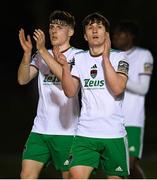 12 April 2024; Harry Nevin, left and Josh Fitzpatrick of Cork City acknowledge supporters after their side's draw in the SSE Airtricity Men's First Division match between UCD and Cork City at UCD Bowl in Belfield, Dublin. Photo by Shauna Clinton/Sportsfile
