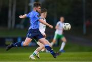 12 April 2024; Alex Dunne of UCD in action against Cathal O'Sullivan of Cork City during the SSE Airtricity Men's First Division match between UCD and Cork City at UCD Bowl in Belfield, Dublin. Photo by Shauna Clinton/Sportsfile