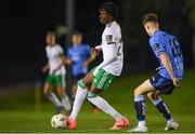 12 April 2024; Jaden Umeh of Cork City in action against Luke O'Regan of UCD during the SSE Airtricity Men's First Division match between UCD and Cork City at UCD Bowl in Belfield, Dublin. Photo by Shauna Clinton/Sportsfile