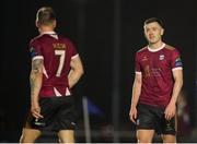 12 April 2024; Stephen Walsh, left, and Killian Brouder of Galway United during the SSE Airtricity Men's Premier Division match between Waterford and Galway United at Regional Sports Centre in Waterford. Photo by Michael P Ryan/Sportsfile