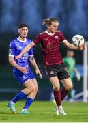 12 April 2024; David Hurley of Galway United in action against Harvey Macadam of Waterford during the SSE Airtricity Men's Premier Division match between Waterford and Galway United at Regional Sports Centre in Waterford. Photo by Michael P Ryan/Sportsfile
