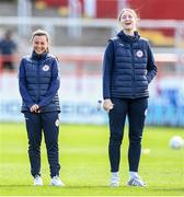 13 April 2024; Megan Smyth-Lynch, left, and Courtney Maguire of Shelbourne before the SSE Airtricity Women's Premier Division match between Shelbourne and Shamrock Rovers at Tolka Park in Dublin. Photo by Stephen McCarthy/Sportsfile