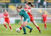 13 April 2024; Scarlett Herron of Shamrock Rovers in action against Rebecca Devereux of Shelbourne during the SSE Airtricity Women's Premier Division match between Shelbourne and Shamrock Rovers at Tolka Park in Dublin. Photo by Stephen McCarthy/Sportsfile