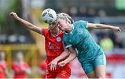 13 April 2024; Shauna Fox of Shamrock Rovers in action against Jess Garagan of Shelbourne during the SSE Airtricity Women's Premier Division match between Shelbourne and Shamrock Rovers at Tolka Park in Dublin. Photo by Stephen McCarthy/Sportsfile