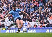 31 March 2024; Lorcan O'Dell of Dublin takes a penalty in the penalty shoot-out of the Allianz Football League Division 1 Final match between Dublin and Derry at Croke Park in Dublin. Photo by Piaras Ó Mídheach/Sportsfile