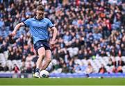 31 March 2024; Tom Lahiff of Dublin takes a penalty in the penalty shoot-out of the Allianz Football League Division 1 Final match between Dublin and Derry at Croke Park in Dublin. Photo by Piaras Ó Mídheach/Sportsfile