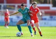 13 April 2024; Jessica Hennessy of Shamrock Rovers in action against Rebecca Devereux of Shelbourne during the SSE Airtricity Women's Premier Division match between Shelbourne and Shamrock Rovers at Tolka Park in Dublin. Photo by Stephen McCarthy/Sportsfile