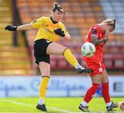 13 April 2024; Shamrock Rovers goalkeeper Amanda Budden in action against Pearl Slattery of Shelbourne during the SSE Airtricity Women's Premier Division match between Shelbourne and Shamrock Rovers at Tolka Park in Dublin. Photo by Stephen McCarthy/Sportsfile