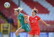 13 April 2024; Shauna Fox of Shamrock Rovers in action against Jemma Quinn of Shelbourne during the SSE Airtricity Women's Premier Division match between Shelbourne and Shamrock Rovers at Tolka Park in Dublin. Photo by Stephen McCarthy/Sportsfile