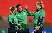 13 April 2024; Ireland players, from left, Edel McMahon, Christy Haney and Sam Monaghan before the Women's Six Nations Rugby Championship match between Ireland and Wales at Virgin Media Park in Cork. Photo by Brendan Moran/Sportsfile