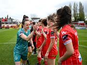 13 April 2024; Áine O'Gorman of Shamrock Rovers shakes hands with Shelbourne players before the SSE Airtricity Women's Premier Division match between Shelbourne and Shamrock Rovers at Tolka Park in Dublin. Photo by Stephen McCarthy/Sportsfile