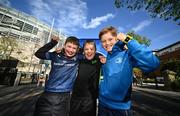 13 April 2024; Leinster supporters, from left, Niall Martin, Luke McMahon and Sam O'Dwyer from Terenure in Dublin before the Investec Champions Cup quarter-final match between Leinster and La Rochelle at the Aviva Stadium in Dublin. Photo by Ramsey Cardy/Sportsfile