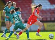 13 April 2024; Hannah Healy of Shelbourne in action against Áine O'Gorman of Shamrock Rovers during the SSE Airtricity Women's Premier Division match between Shelbourne and Shamrock Rovers at Tolka Park in Dublin. Photo by Stephen McCarthy/Sportsfile