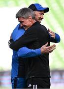 13 April 2024; La Rochelle head coach Ronan O'Gara, right, and Leinster backs coach Andrew Goodman before the Investec Champions Cup quarter-final match between Leinster and La Rochelle at the Aviva Stadium in Dublin. Photo by Harry Murphy/Sportsfile