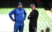 13 April 2024; La Rochelle head coach Ronan O'Gara, right, and Leinster backs coach Andrew Goodman before the Investec Champions Cup quarter-final match between Leinster and La Rochelle at the Aviva Stadium in Dublin. Photo by Harry Murphy/Sportsfile