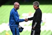 13 April 2024; Leinster senior coach Jacques Nienaber, left, and La Rochelle head coach Ronan O'Gara shake hands before the Investec Champions Cup quarter-final match between Leinster and La Rochelle at the Aviva Stadium in Dublin. Photo by Harry Murphy/Sportsfile