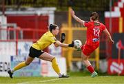 13 April 2024; Jemma Quinn of Shelbourne has a shot saved by Shamrock Rovers goalkeeper Amanda Budden during the SSE Airtricity Women's Premier Division match between Shelbourne and Shamrock Rovers at Tolka Park in Dublin. Photo by Stephen McCarthy/Sportsfile