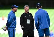 13 April 2024; La Rochelle head coach Ronan O'Gara, centre, with Leinster senior coach Jacques Nienaber, left, and Leinster backs coach Andrew Goodman before the Investec Champions Cup quarter-final match between Leinster and La Rochelle at the Aviva Stadium in Dublin. Photo by Harry Murphy/Sportsfile