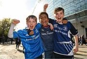 13 April 2024; Leinster supporters, from left, Avery Byrnes, aged eight, Emerson Ajanlekoko, aged eight, and Edon Byrnes, aged 12, from Castleknock in Dublin the Investec Champions Cup quarter-final match between Leinster and La Rochelle at the Aviva Stadium in Dublin. Photo by Sam Barnes/Sportsfile