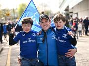 13 April 2024; Leinster supporters Darragh Rossi, and his sons Leo, left, aged eight, and Dillion, aged seven, from Clontarf in Dublin before the Investec Champions Cup quarter-final match between Leinster and La Rochelle at the Aviva Stadium in Dublin. Photo by Ramsey Cardy/Sportsfile