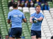 13 April 2024; Ciarán Frawley, right, and Jamison Gibson-Park of Leinster warm up before the Investec Champions Cup quarter-final match between Leinster and La Rochelle at the Aviva Stadium in Dublin. Photo by Harry Murphy/Sportsfile
