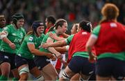 13 April 2024; Eve Higgins of Ireland, centre, celebrates with teammates after scoring their side's second  try during the Women's Six Nations Rugby Championship match between Ireland and Wales at Virgin Media Park in Cork. Photo by Brendan Moran/Sportsfile