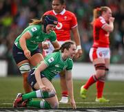 13 April 2024; Eve Higgins of Ireland, right, celebrates with teammate Brittany Hogan after scoring their side's second  try during the Women's Six Nations Rugby Championship match between Ireland and Wales at Virgin Media Park in Cork. Photo by Brendan Moran/Sportsfile