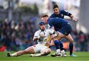13 April 2024; Jack Nowell of La Rochelle is tackled by Ciarán Frawley of Leinster during the Investec Champions Cup quarter-final match between Leinster and La Rochelle at the Aviva Stadium in Dublin. Photo by Harry Murphy/Sportsfile