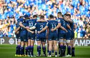 13 April 2024; Leinster players huddle during the Investec Champions Cup quarter-final match between Leinster and La Rochelle at the Aviva Stadium in Dublin. Photo by Harry Murphy/Sportsfile