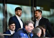 13 April 2024; Hugo Keenan and Scott Penny of Leinster look on before the Investec Champions Cup quarter-final match between Leinster and La Rochelle at the Aviva Stadium in Dublin. Photo by Harry Murphy/Sportsfile