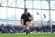 13 April 2024; James Lowe of Leinster on his way to scoring his side's first try during the Investec Champions Cup quarter-final match between Leinster and La Rochelle at the Aviva Stadium in Dublin. Photo by Harry Murphy/Sportsfile