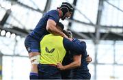 13 April 2024; James Lowe of Leinster, right, celebrates with teammates including Caelan Doris after scoring his side's first try during the Investec Champions Cup quarter-final match between Leinster and La Rochelle at the Aviva Stadium in Dublin. Photo by Harry Murphy/Sportsfile