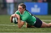 13 April 2024; Katie Corrigan of Ireland scores her side's fourth try during the Women's Six Nations Rugby Championship match between Ireland and Wales at Virgin Media Park in Cork.  Photo by Brendan Moran/Sportsfile
