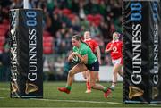 13 April 2024; Katie Corrigan of Ireland runs in to score her side's fourth try during the Women's Six Nations Rugby Championship match between Ireland and Wales at Virgin Media Park in Cork.  Photo by Brendan Moran/Sportsfile